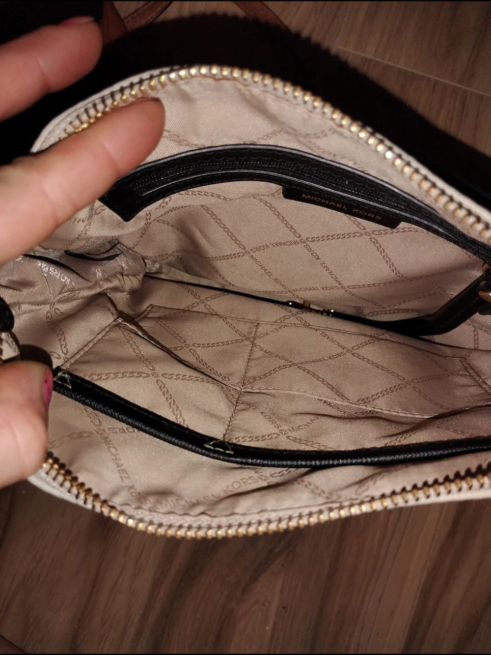 Michael Kors Beige and Black Messenger Crossbody with Gold Hardware